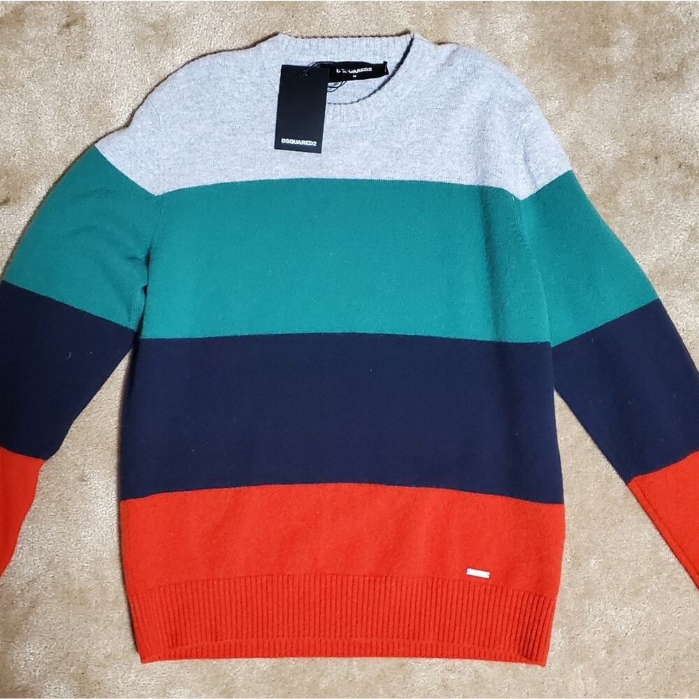 NWT$550 DSQUARED2 Mens 100% Wool Red Black Green Stripe Crewneck Sweater Sz Med - Picture 6 of 11